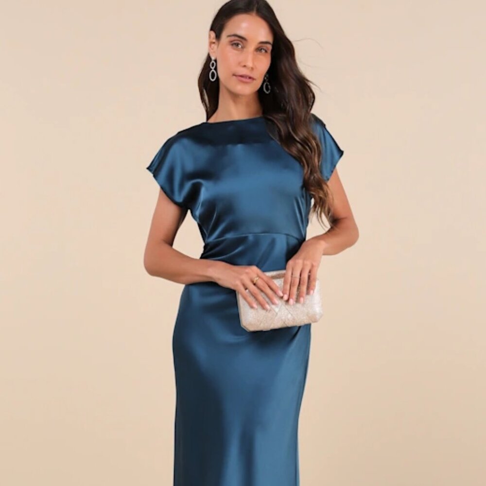 Lulus Captivating Presence Dark Teal Satin Cowl Back Maxi Dress | NWOT | L